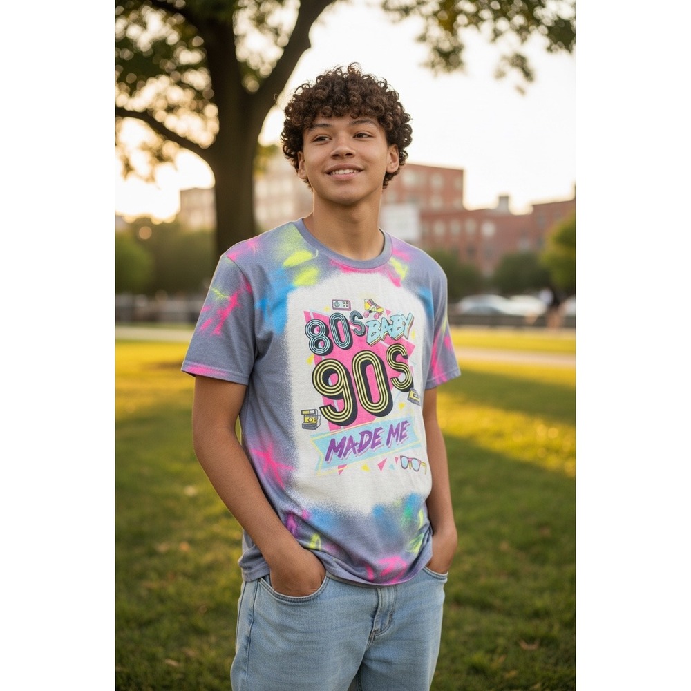 80s Baby 90s Made Me Graphic Tee Neon Spray Paint Bleach Wash Gray 2XL